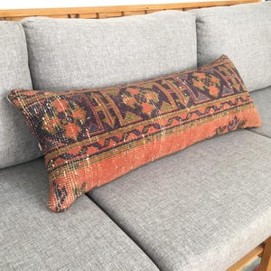14x36 Southwestern Lumbar Pillow , Turkish Bed Lumbar Pillow, Vintage Chubby Long Bolster Pillow, Mid Century Bench Pillow, 14.2x35.8 Inches