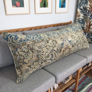 Cuscino lombare in stile tappeto turco 24x60 per testiera letto matrimoniale, federa per cuscino orientale vintage, crema cenere blu grigio, 24x59,8 pollici