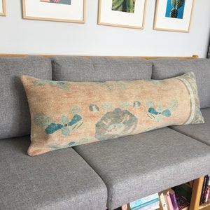 16x48 Orange Blue Gray Floral Turkish Pillow , Extra Long Chubby Boho Vintage Bolster Pillow , Oversized Oushak Rug Lumbar, 16.1x48 Inches