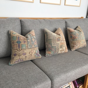 14x14 Set di 3 cuscini vintage, set di copricuscini per tappeti, coppia di cuscini turchi, cuscini del divano, cuscini grigi bluastri arancioni, 14,2x14,2 pollici
