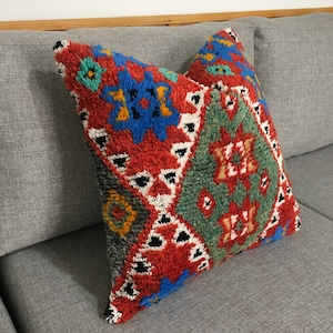 Cojín turco 20x20, funda de almohada vintage azul verde rojo, almohada de alfombra, funda de almohada Ikat Boho, almohada de diseño, 19,7x19,7 pulgadas
