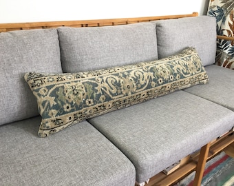 12x48 Floral Rug Lumbar Pillow , Long Vintage Lumbar Pillow , Turkish Lumbar Pillow for Bed , Unique Bedroom Pillow , 12.2x48.4 Inches