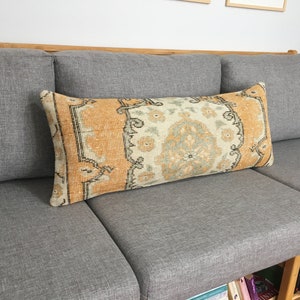14x36 Yellow Orange Oriental Large Rug Lumbar Pillow for Bedroom , Turkish Long Bolster Pillow , Vintage Long Rug Lumbar , 14.2x35.8 Inches