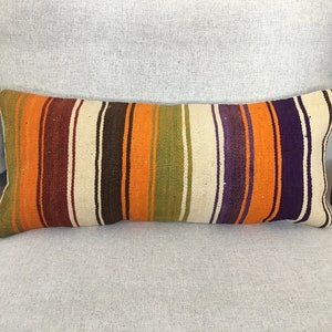 10x24 Color Block Vintage Kilim Lumbar Pillow Cover , Colorful Turkish Lumbar Pillow , Happy Color Handwoven Lumbar Pillow, 10.6x23.6 Inches