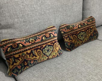 8x14 Vintage Turkish Mini Rug Lumbar Pillow Set , Pair Boho Throw Tiny Lumbar Pillow , Small Bolster Pillow , Rustic Lumbar, 7.9x13.8 Inches