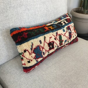 Funda de almohada lumbar de alfombra única de 10x20, almohada de alfombra vintage, funda de almohada lumbar de lana, Lumbar turco colorido para sofá, 9,4x19,7 pulgadas