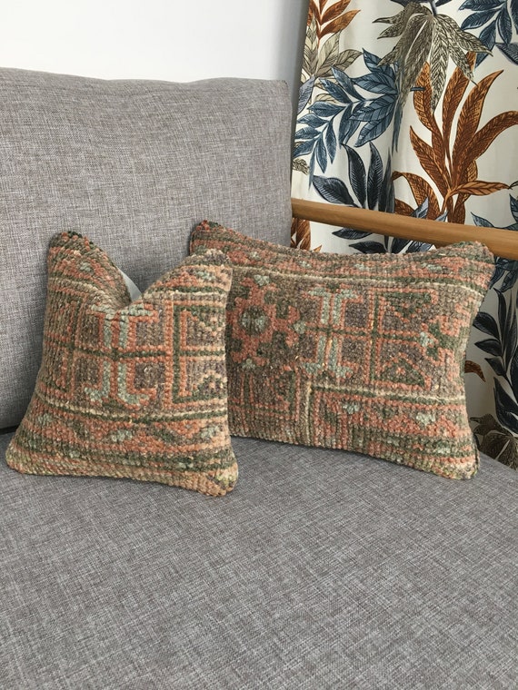 Matching Unique Set Vintage Rug Lumbar Pillows for Couch Small Aztec Bolster Pillow Rustic Turkish Cushion 10.6x14.6 10.6x10.2 Inches Etsy