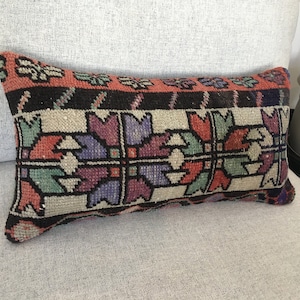 10x20 Floral Lumbar Pillow Cover , Rug Lumbar Pillow , Vintage Lumbar Pillow , Turkish Pillow , Throw Lumbar Pillow , 10.6x20.1 Inches