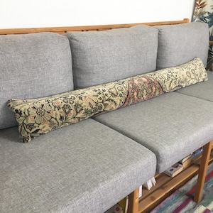 8x60 Greenish Cream Antique Pink Extra Long Bolster Pillow for Bench, Vintage Rug Large Lumbar Pillow, XXL Turkish Lumbar , 8.3x60.2 Inches