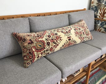 16x48 Rose Gold Cream Oriental & Floral Turkish Extra Long Lumbar, Vintage Rug King Size Bed Lumbar, Large Bolster Pillow, 16.5x48.4 Inches