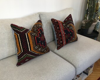 16x16 Matching Authentic Southwestern Pillow Set , Cute Needlework Vintage Turkish Cushion Case , Embroidered Boho Pillow , 15.7x15.7 Inches