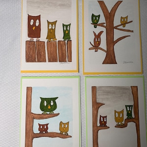 Cartões originais pintados à mão em aquarela com envelope, inspirados em corujas. O tamanho da pintura é 4x6, perfeito para emoldurar. Isto não é uma impressão.