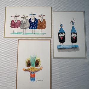 Aquarelles originales peintes à la main avec enveloppe, inspirées de poussins fantaisistes. La taille de la peinture est de 4 x 6, parfaite pour encadrer Ceci n'est pas une impression