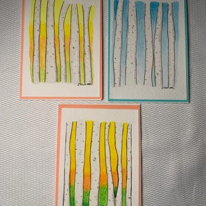 Originele handgeschilderde aquarelkaarten met envelop, geïnspireerd op berkenbomen. Het schilderijformaat is 4 x 6, perfect om in te lijsten. Dit is geen afdruk
