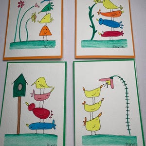 Originele handgeschilderde aquarelkaarten met envelop, op grillige kuikens geïnspireerd. Het schilderijformaat is 4 x 6, perfect om in te lijsten. Dit is geen afdruk.