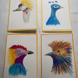 Originele handgeschilderde aquarelkaarten met envelop, geïnspireerd op kleurrijke vogels. Schilderijformaat is 4x6, perfect voor inlijsten. Dit is geen print
