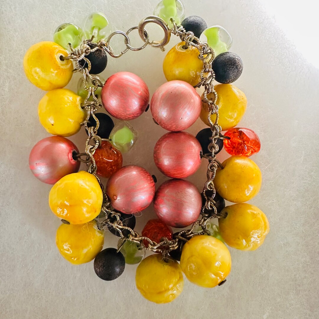 Collier Vintage Miriam Haskell Années 1930 – Fruits En Pâte De Verre Multicolores – Longueur 40 Cm