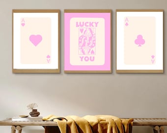 Retro roze speelkaartafdrukken set, trendy muurkunst (digitale download)