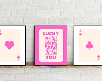 Retro speelkaartkunstprints, roze aas, set van 3 (digitale download)