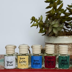 May include: Five small glass bottles with wooden lids and labels featuring text like "Magic School" and "House Loyalty." The bottles are arranged on a red book, with a potted succulent in the background. Each bottle has a different colored label.