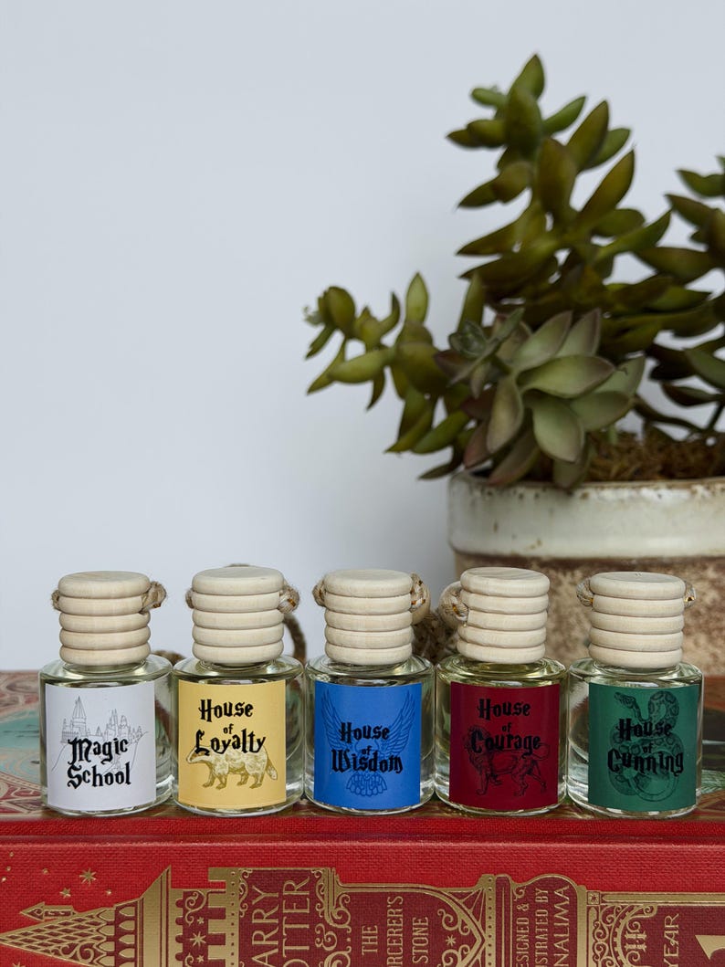 Pu&ograve; includere: Cinque piccole bottiglie di vetro con coperchi in legno ed etichette con testo come "Magic School" e "House Loyalty". Le bottiglie sono disposte su un libro rosso, con una pianta succulenta in vaso sullo sfondo. Ogni bottiglia ha un'etichetta di colore diverso.