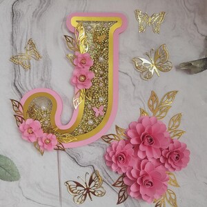 Personalized 3D Shaker Topper with Delicate Paper Flowers, Customized Cake Topper with 3D Shaker Design with Handmade Paper Flowers