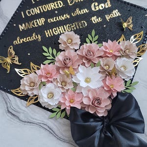 Graduation Cap Decorations, personalized text  grad cap  topper with paper flowers, Customize grad topper, Class of 2025, Class of 2024