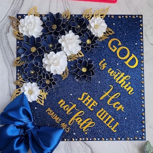 Custom Navy Blue Graduation Cap Topper, Custom Bible Verse, Class of 2026, Paper Flowers grad cap, high school graduate