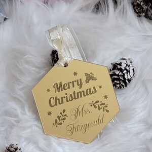 Set of 4 Custom Gold Acrylic Ornaments, Mirror Personalized Acrylic Gifts for Family and Teachers, Christmas laser engraved Acrylic Ornament