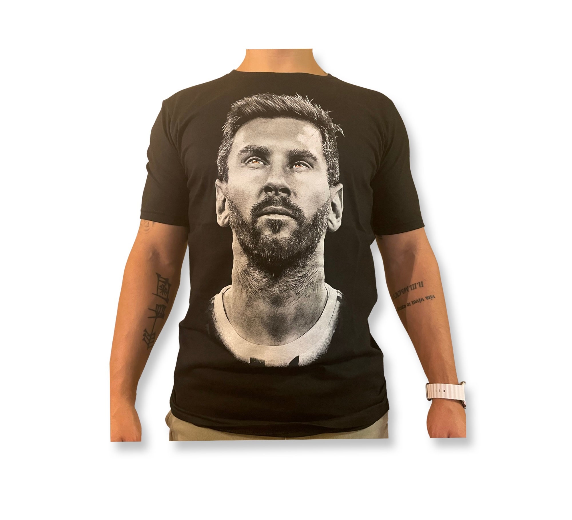Lionel Messi face Argentina Mens cotton T-shirt Qatar 2022 sold by