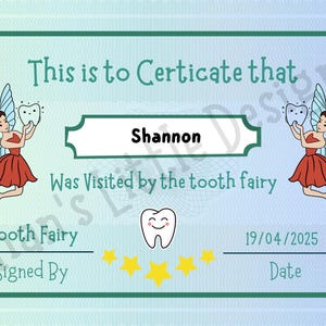 Certificado de Hada de los Dientes Imprimible para Niños / Personalizable / Nota Mágica de Hada de los Dientes / Recompensa Personalizada de Hada de los Dientes / PDF