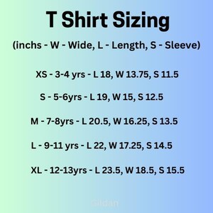May include: T-shirt sizing chart for kids, showing age ranges and corresponding measurements in inches for length, width, and sleeve.  Sizes include XS, S, M, L, and XL.