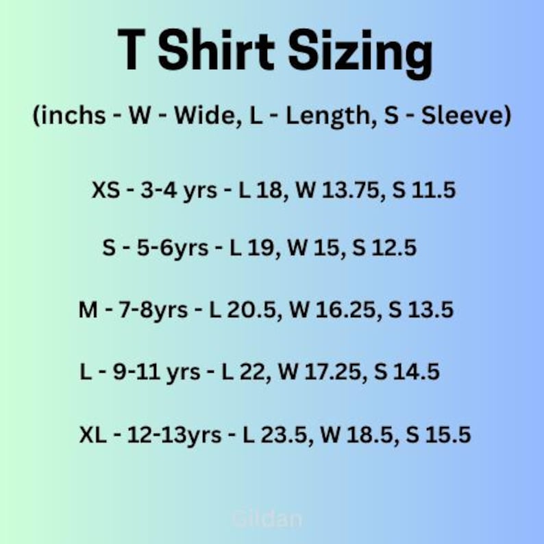 May include: T-shirt sizing chart for kids, showing age ranges and corresponding measurements in inches for length, width, and sleeve.  Sizes include XS, S, M, L, and XL.