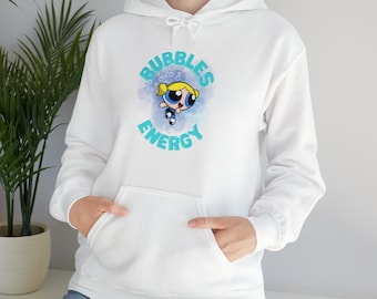 Sweat à capuche fille Energy Powerpuff Bubbles | Sweat-shirt Cartoon Network | Sweat à capuche dessin animé rétro des années 90 | Tailles adultes | Vêtements pour personnages de dessins animés