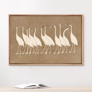 Framed Canvas Wall Art Abstract Beige Brown Crane Print Minimalist Bird Silhouette Art Elegant Animal Artwork Japandi Or Boho Home Decor