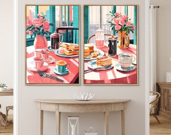 Framed Canvas Wall Art Set 2, Coffee and Pastry Print, Pink Cute Food Art Illustration, Retro Pop Artwork Modern Eclectic Kitchen Art