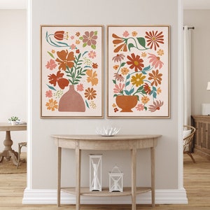 Set of 2 Floral Wall Art Framed Canvas Prints Botanical Flower Wall Prints Abstract Boho Wall Art Mid-Century Modern Wall Decor