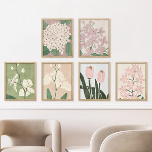 Impresión de arte de pared en lienzo con flores de jardín de mediados de siglo, decoración de obras de arte para el hogar, juego de arte de pared de galería, decoración de pared para el hogar, arte de pared bohemio, juego de 6