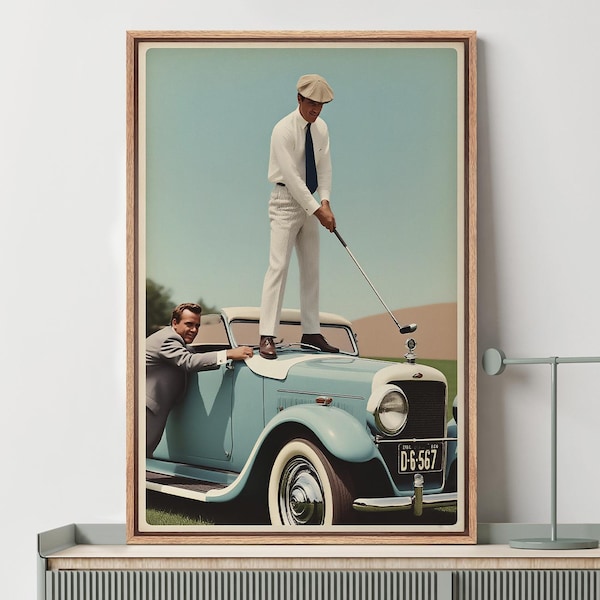Retro Golf & Car Canvas Art - Framed Nostalgic Sports Photography, Vintage Automobile Art for Classic Car or Country Club Decor