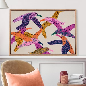 Framed Canvas Wall Art Colorful Abstract Birds Print Modern Boho Wildlife Art Vibrant Animal Patterned Seagulls Painting Eclectic Home Decor