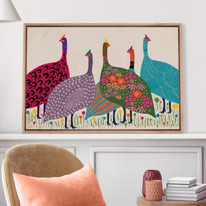 Framed Canvas Wall Art Colorful Guinea Fowl Print Boho Vibrant Bird Art Whimsical Animal Illustration Modern Folk Art Canvas Farmhouse Decor