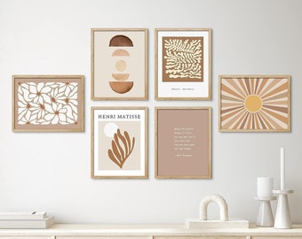 Framed Brown Sunshine Plant Shapes Wall Art, Set of 6 Abstract Geometric Wall Decor Prints, Minimalism Wall Décor