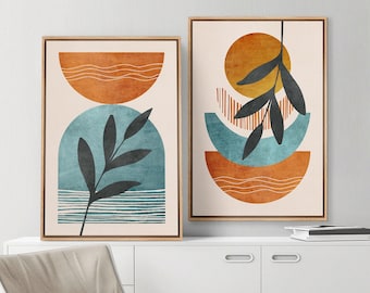 Framed Canvas Print Wall Art Set Orange Blue Pastel Polygon Forest Plant Abstract Shapes Illustrations Mid Century Modern Art Decorative