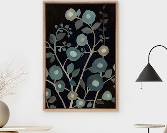 Framed Canvas Wall Art Dark Black Green Flower Digital Prints Abstract Minimalist Modern Nature Wall Art Living Room Wall Decor