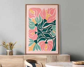 Framed Canvas Wall Art Mid-Century Modern Pink & Green Flower Abstract Floral Botanical Prints Minimalist Modern Wall Art Boho Decor