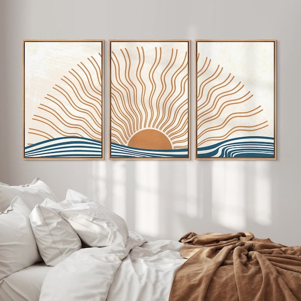 Framed Canvas Boho Wall Art Set of 3 Sun Ocean Waves Wall Prints Neutral Wall Art Mid-Century Modern Wall Art Decor Artwork