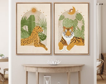 Framed Canvas Print Wall Art Set Indian Bengal Tiger Tropical Monstera Jungle Nature Wilderness Digital Art Modern Art Decorative Animal