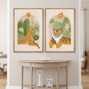 Framed Canvas Print Wall Art Set Indian Bengal Tiger Tropical Monstera Jungle Nature Wilderness Digital Art Modern Art Decorative Animal