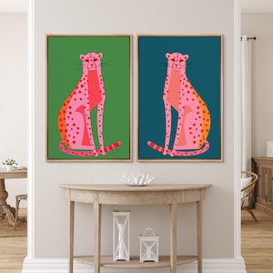 Preppy Room Decor, Pink Dot Cartoon Cheetah Cat Art, Retro Pop Art Print, Boho Abstract Animals Prints, Framed Canvas Wall Art Set of 2