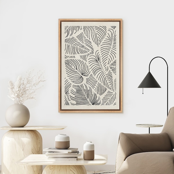 Framed Canvas Wall Art Tropical Black and White Palm Leaf Pattern Abstract Geometric Prints Modern Art Mid-Century Minimalist Neutral Decor